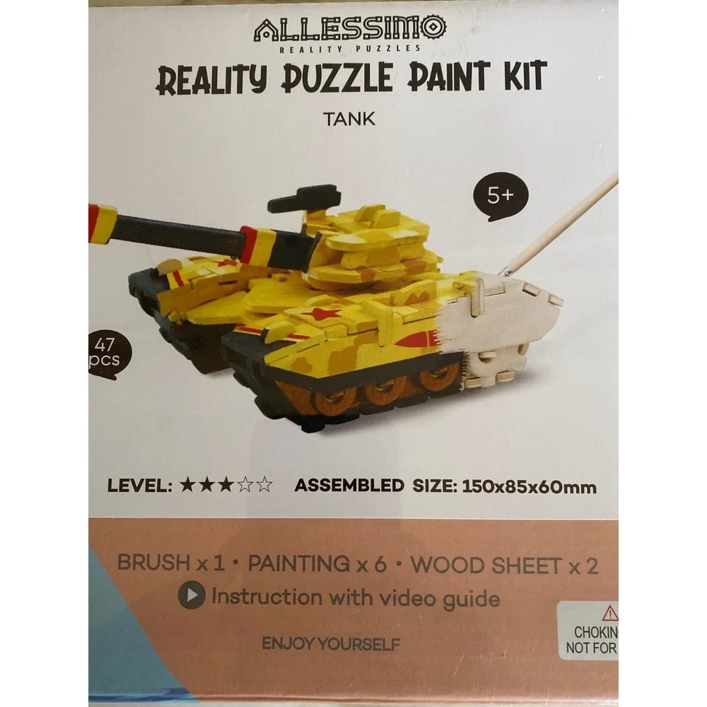Allessimo 3D Wood Puzzle Kit Yellow Tank Reality Puzzle Paint Kit 47pc 5+‎ NEW